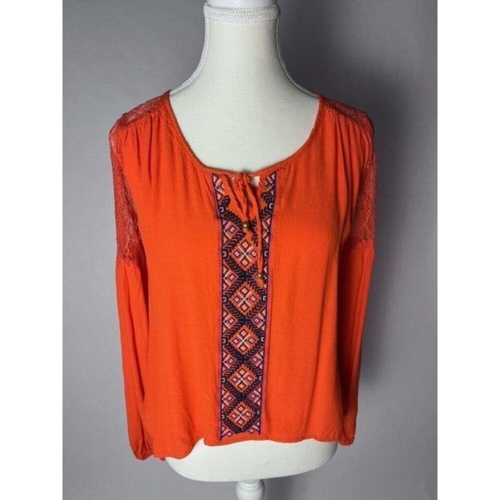 Gianni Bini Size S Coral Sheer Balloon Long Sleeve Top Open Lace On Back Tie